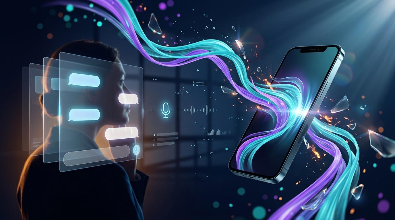 Asistente de voz IA atendiendo a un cliente desde el móvil con ondas de sonido turquesa