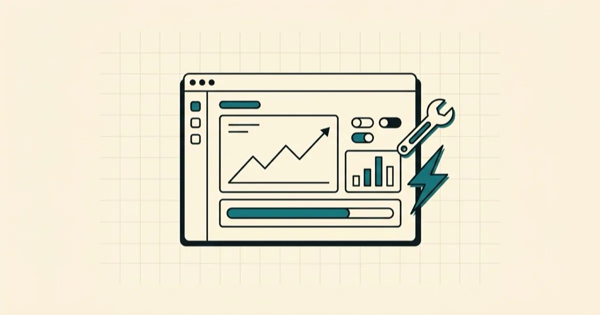 Dashboard de web app flotando con módulos y hilos turquesa conectando portátil y tableta sobre fondo oscuro