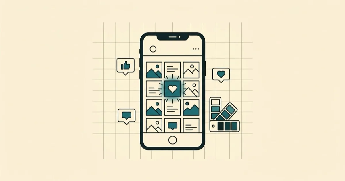 Grid de feed de Instagram flotando en 3D con posts variados y acentos turquesa