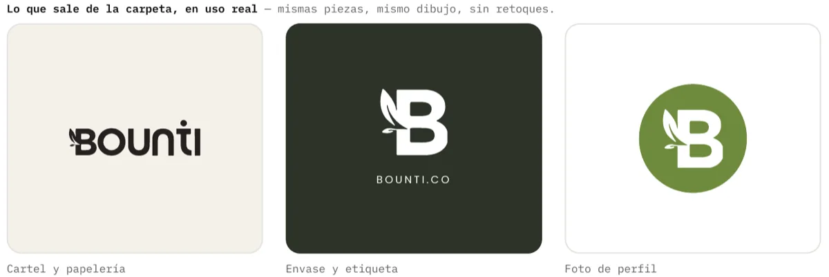 Ejemplo de identidad de marca aplicada: el mismo logotipo en un cartel, en un envase y en la foto de perfil